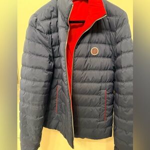 Carolina Herrera Men's Blue Puffer Jacket with Red Accents